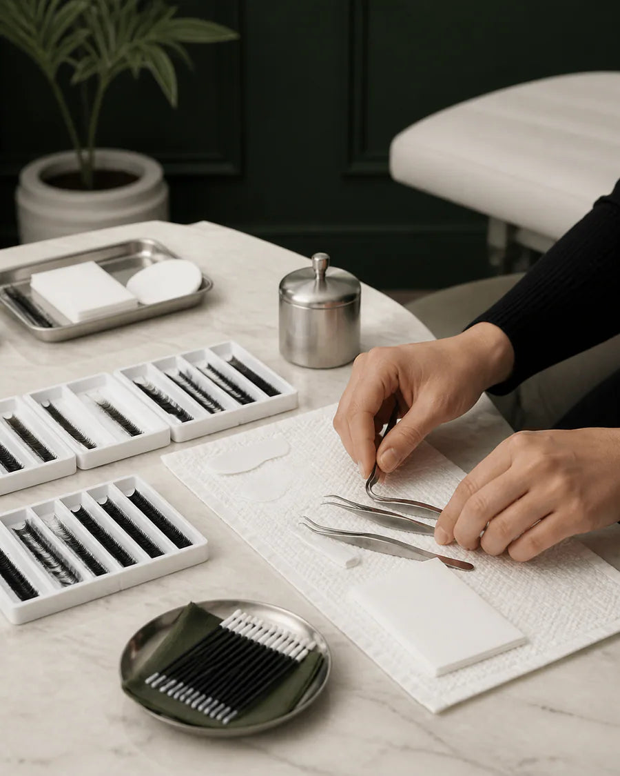 Editorial representation of a professional lash artist preparing a precision workstation