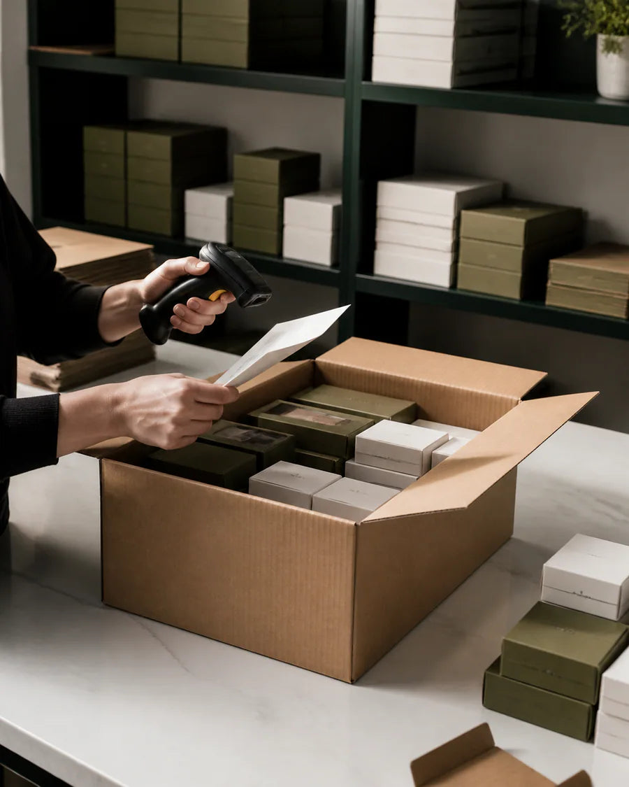 Editorial representation of a professional beauty supply shipment being prepared