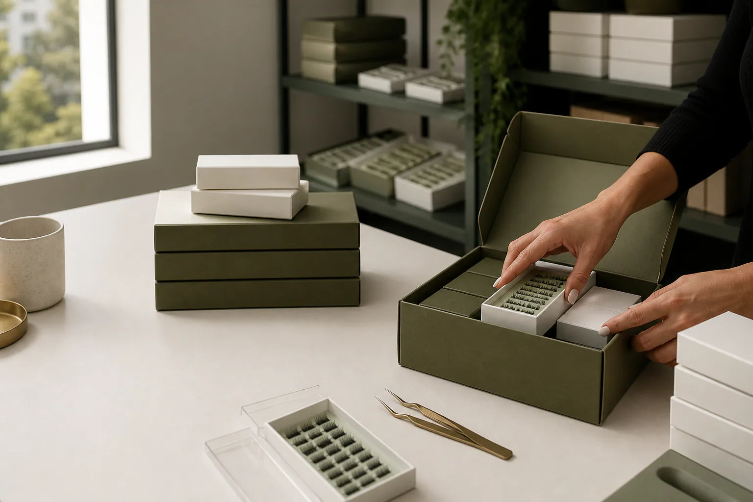 Editorial representation of a professional lash supply order being prepared